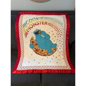 Cookie Monster Sesame Street muppets rainbow stars quilt blanket vintage satin